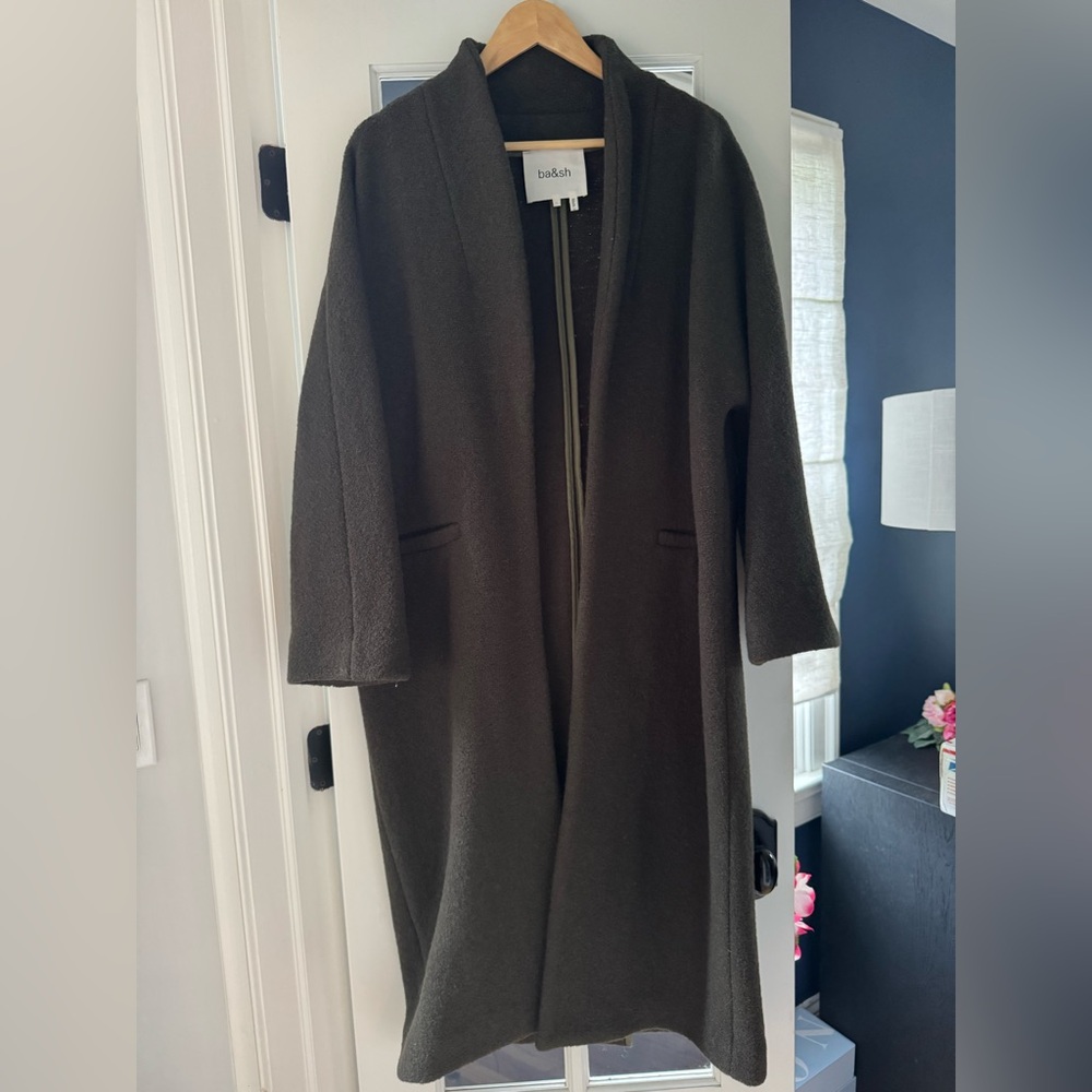 NWT ba&sh khaki “Colin” shawl collar long coat Size Large - Picture 6 of 16